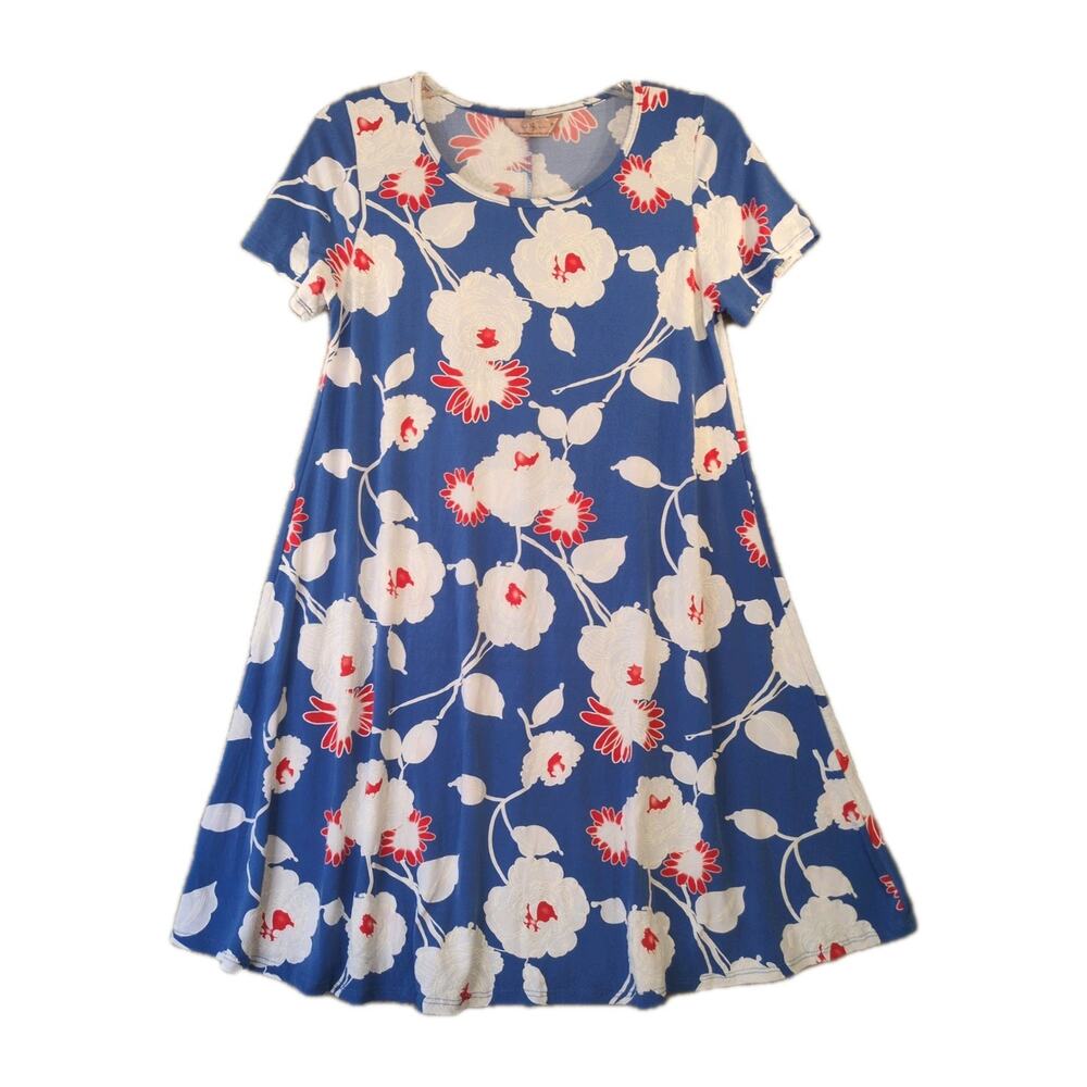 SJS Women's Swing Dress Mini Short Sleeve Babydoll Floral USA Blue Red White